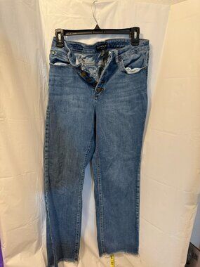 Kenneth Cole New York Size 8 Button Fly Jeans Raw Hem Straight Leg Blue Stretch